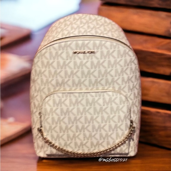 Michael Kors Lg Backpack With Chain + Lg Wallet Vanilla/Luggage - Picture 2 of 9